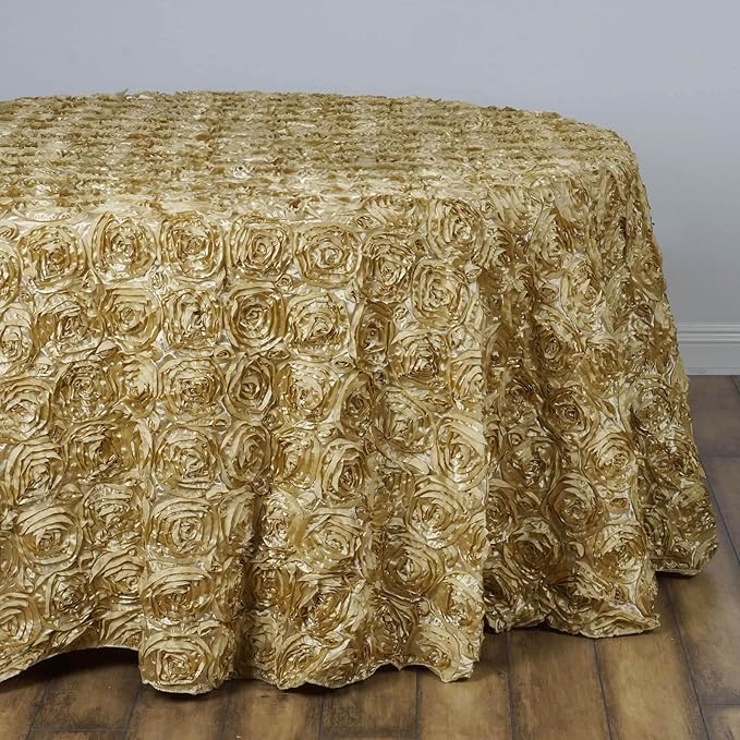 Efavormart 132" Wholesale Round Table Cover Champagne Grandiose Rosette 3D Satin Tablecloth for Wedding Party Event Decoration