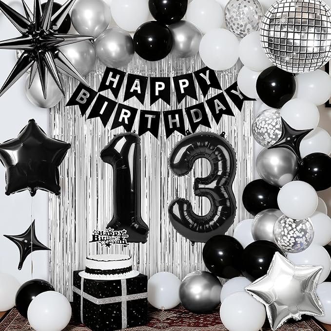 13th Birthday Decorations for Boys Girls, Black Silver Happy Birthday Party Decorations, 13 Year Old Party Supplies with Number 13 Balloons, Banner, Fringe Curtains Kit
