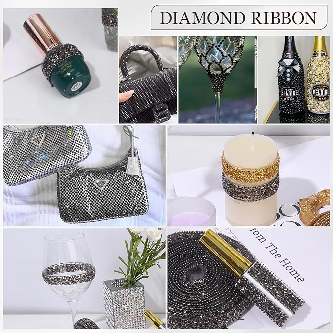 Rhinestone Ribbon 3 Yards Self Adhesive Rhinestone Strips Diamond Ribbon Sticker Crystal Roll Glitter Bling Rhinestones Tape for Crafting DIY Art Decoration (Jet Hematite,0.6 Inch)