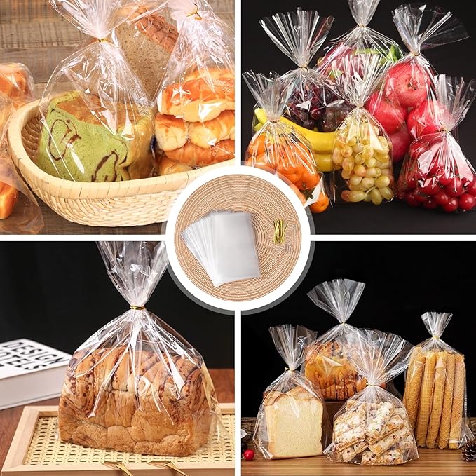 ZHEWTOEN 100 Pcs 8x11 Inch Clear Cellophane Treat Bags with Color Twist Ties, Plastic Goodie Cello Bags for Candy, Cookies, Popcorn, Small Gift Wrapping, Party Favors, Bakery Packaging
