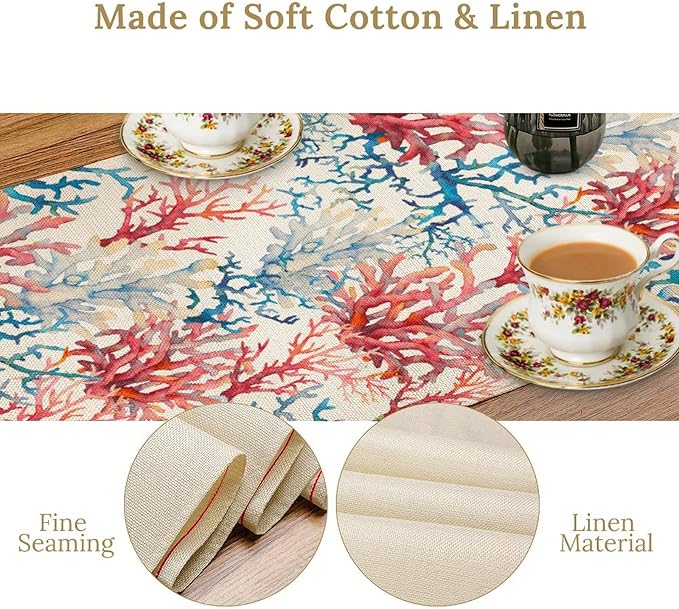 Blue Beach Table Runner, Tropical Ocean Coast Table Runner, Seashell Seasonal Nautical Restaurant Coffee Table Decorations for Home Holiday Party Indoor Outdoor 13x70 Inch
