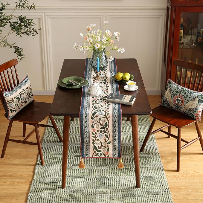 ISAENNE Designer Vintage Elegant Linen Table Runner 71 Inches Long,Colorful Flower Pattern Soft Table Runners for Dining Tables,Thanksgiving,Kitchen Tables,Christmas,12"*71"-Naples C