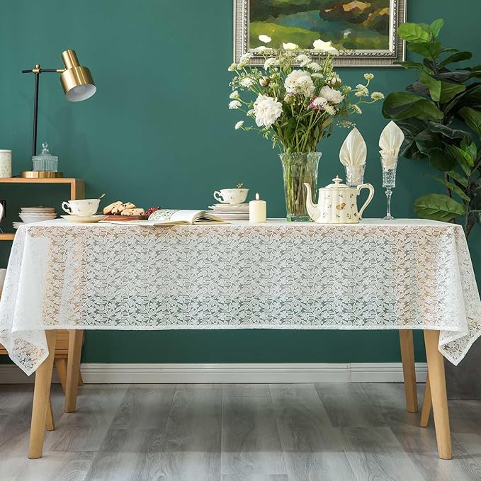 Lace Tablecloth Leaf Pattern Warp Knitting Fabric Solid White Rectangle/Oblong Table Cover for Kitchen Dining Farmhouse Wedding Party Decor Ivory, 52x70 Inch