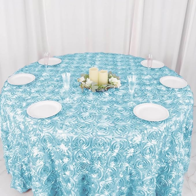 Efavormart 120" Wholesale Round Table Cover Light Blue Grandiose Rosette 3D Satin Tablecloth for Wedding Party Event Decoration