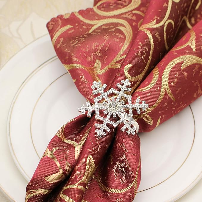 Halatool Set of 6 Christmas Rhinestone Snowflake Napkin Rings for Xmas Dining Table- Napkin Ring Holder for Christmas, Thanksgiving, Holiday Party Table Decoration