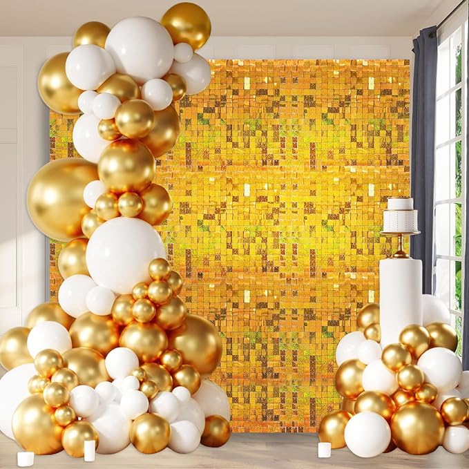 24PCS Gold Shimmer Wall Backdrop, Laser Square Sequin Photo Backdrops Panel, Glitter Wall Background for Birthdays, Weddings, Christmas, Engagements, Disco Bachelorette Party Decoration (4FTx6FT)
