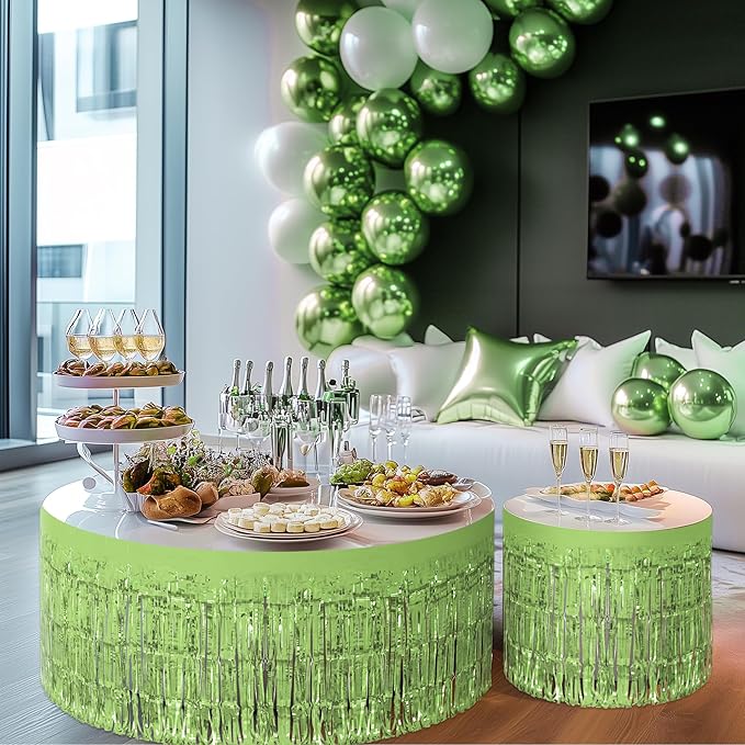 4 Pack Light Green Table Skirts, 29x108" Metallic Foil Tinsel Fringe Table Skirts for Rectangle Tables Streamer Curtains Backdrop, Party Decorations for Birthdays Weddings Holidays