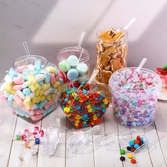 Hestya 16 Pcs Christmas Multi Purpose Clear Plastic Scoops for Candy Buffet Acrylic Kitchen Ice Food Popcorn Scoops for Protein Powders, Ice Cream, Coffee, Tea Jar (4.3 Inch)