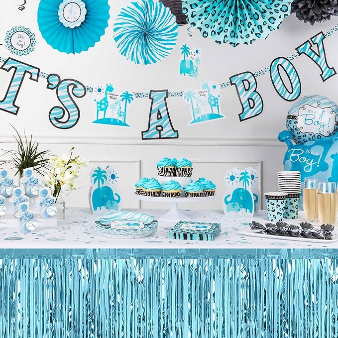 3 Pack 29 x108 Inch Light Blue Foil Fringe Table Skirts Metallic Banner for Tinsel Streamer Garland Backdrop for Parade Floats Mother's Day, Graduate, Birthday, Wedding Party Decoration