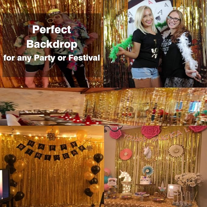 GOER 3.2 ft x 9.8 ft Metallic Tinsel Foil Fringe Curtains,Party Streamer Backdrop for Birthday,Graduation Decorations and New Year Eve (2 Pcs,Gold)