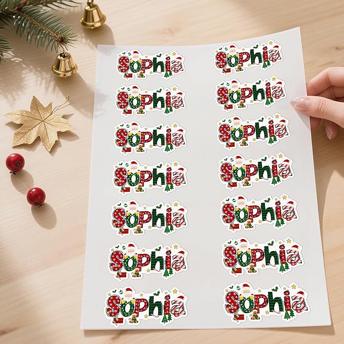 callie Personalized Christmas Stickers - Custom Name, 3.5"×1.69" Santa Claus Elk Design Merry Christmas Stickers Labels for Envelopes Seals Crafts Cards Gifts (28PCS)