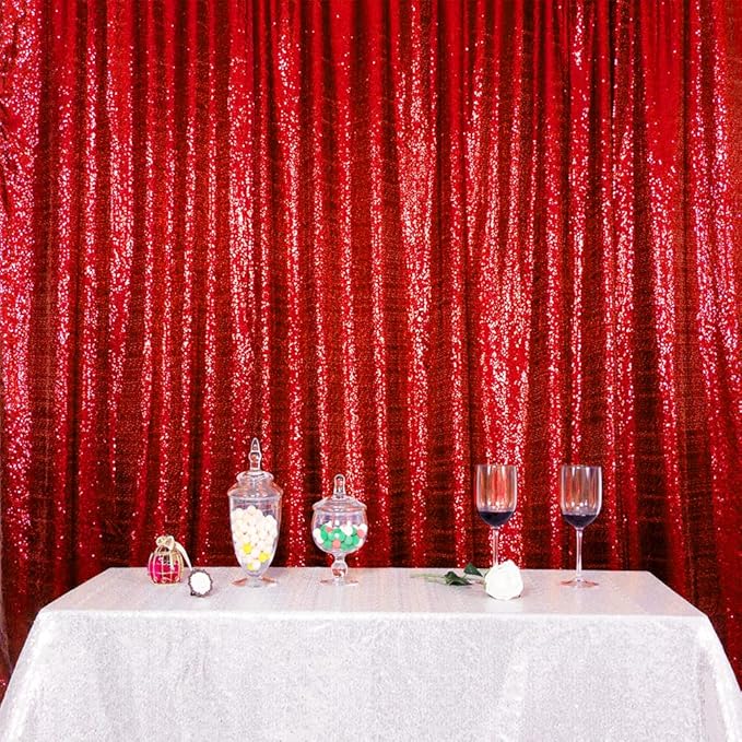 SquarePie Sequin Backdrop Less Transparent Background Sparkly Curtain for Wedding Party 7FT x 7FT Red