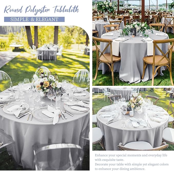 12 Pack Round Tablecloth 90 Inch - Light Grey Polyester TableCloth for Round Table, Premium Light Grey Tableclothes Washable Fabric Table Cover for Wedding Party Banquet Restaurant Reception Dining