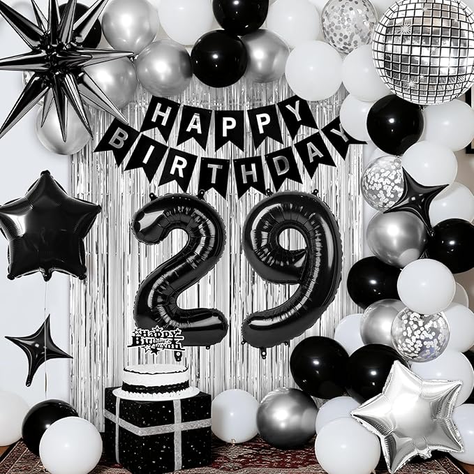 29th Birthday Decorations for Men Women, Black Silver Happy Birthday Party Decorations, 29 Year Old Party Supplies with Number 29 Balloons, Banner, Fringe Curtains Kit