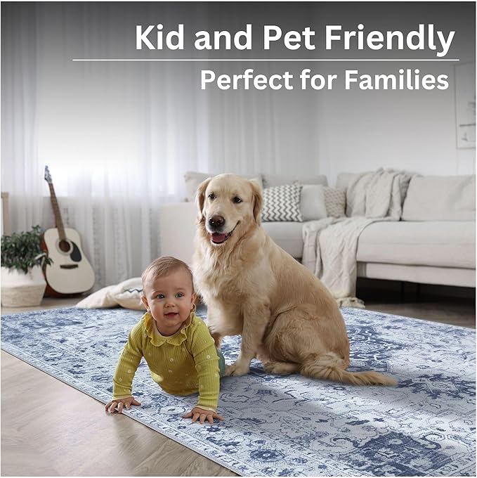 Bloom Rugs Washable Non-Slip 8' x 10' Rug - Gray/Blue Traditional Medallion Area Rug for Living Room, Bedroom, Dining Room, and Kitchen - Exact Size: 8' x 10'