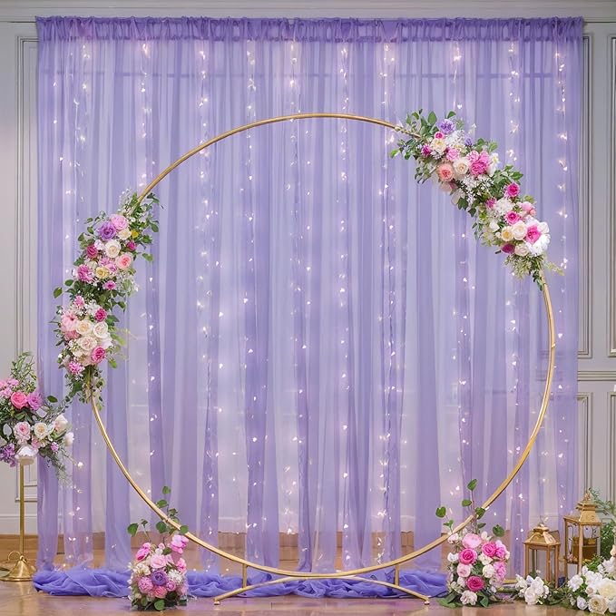 20×10ft Purple Tulle Backdrop Curtain with Lights String for Parties, Sheer Photo Backdrop Curtains for Wedding Party Photography Background