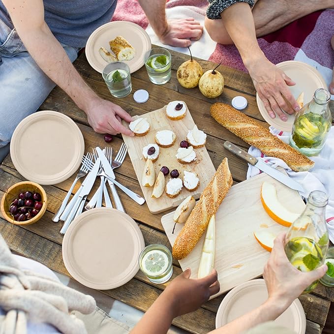 ECOLipak 100% Compostable 10 Inch Paper Plates, 125 Pack Heavy Duty Disposable Biodegradable Eco-friendly Sugarcane Bagasse Plates for Dinner Party
