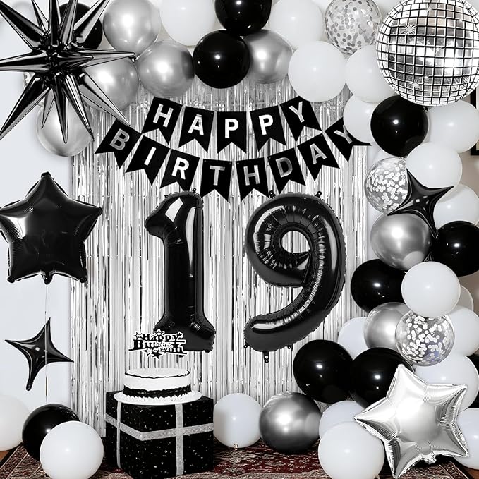 19th Birthday Decorations for Boys Men, Black Silver Happy Birthday Party Decorations, 19 Year Old Party Supplies with Number 19 Balloons, Banner, Fringe Curtains Kit