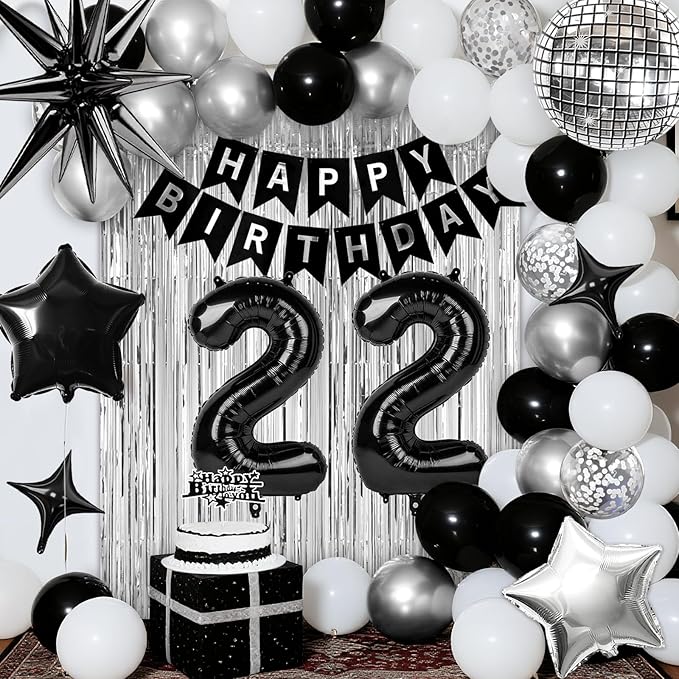 22nd Birthday Decorations for Men Women, Black Silver Happy Birthday Party Decorations, 22 Year Old Party Supplies with Number 22 Balloons, Banner, Fringe Curtains Kit