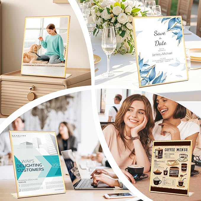 Acrylic Gold Frames 8 x10, Slanted Back Gold Picture Frames Table Acrylic Sign Holder for Photos Wedding Table Numbers and Art Display with Removable Clear Sticky Dots,6 Pack