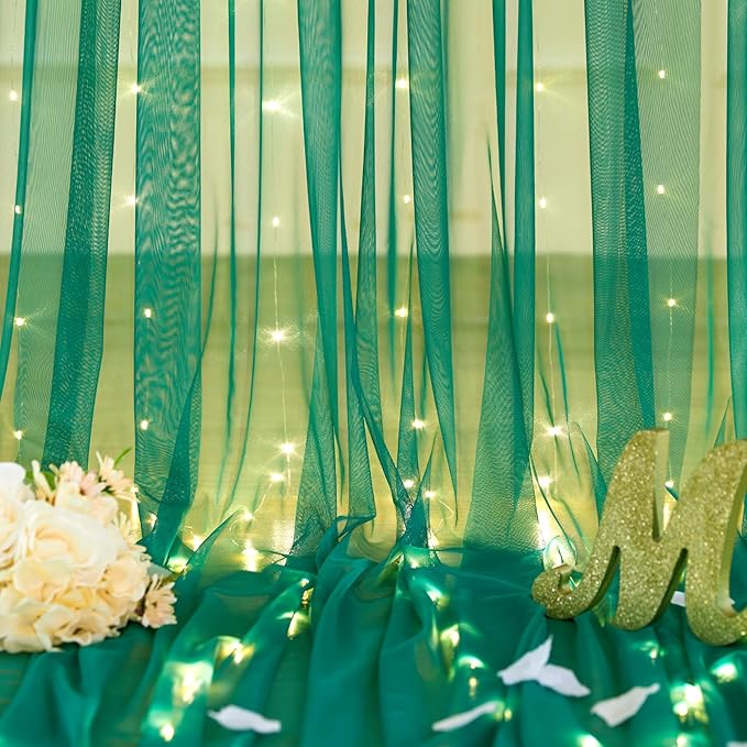 Hunter Green Tulle Backdrop Curtains with Lights String for Parites 10x10ft Sheer Backdrop Curtains Drapes for Birthday Party Bridal Shower Baby Shower Photo Booth Background Decorations