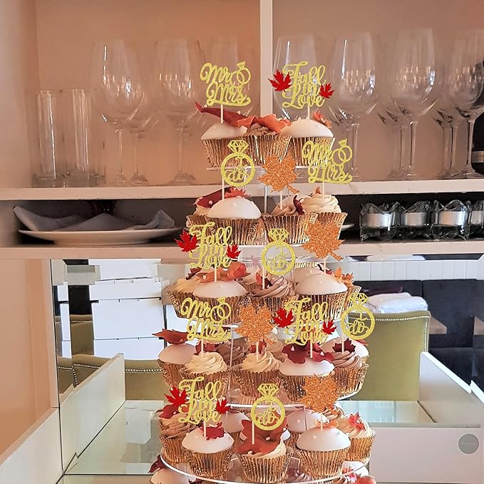 24 PCS Fall in Love Cupcake Toppers Glitter Maple Leaf Cupcake Picks Mr & Mrs Diamond I Do Cupcake Decorations for Autumn Wedding Engagement Bridal Shower Theme Party Cake Decorations Supplies
