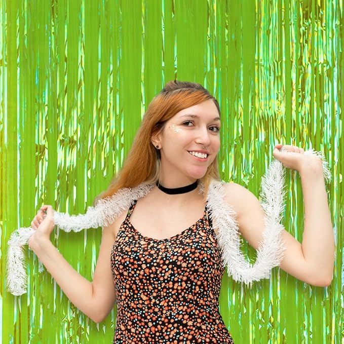 2 Pack 3.3x8.2 Feet Neon Green Foil Fringe Backdrop Curtains, Tinsel Streamers Birthday Party Decorations, Fringe Backdrop for Graduation, Baby Shower, Gender Reveal, Disco Party
