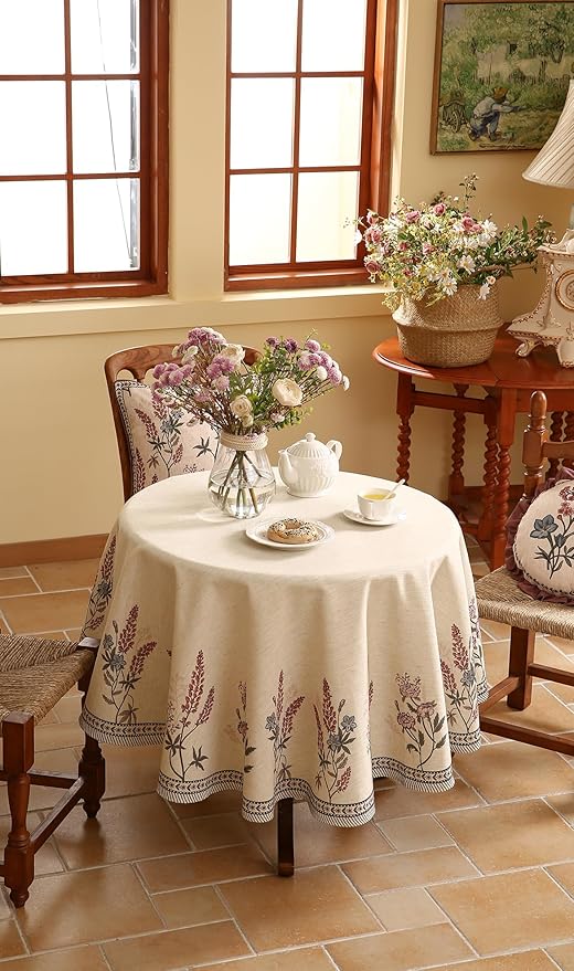 ISAENNE French Tablecloth for Round Tables,Linen Table Cloth with Colorful Flowers Pattern,Heavy Durable Table Cover for Dining Thanksgiving Kitchen Decor Party Christmas,Diameter 55"