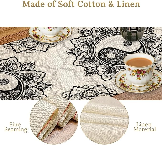 Yin Yang Table Runner, Bohemian Mandala Vintage Black White Traditional Oriental Floral Print Table Runner for Home Kitchen Dining Table Wedding Party Decor, 13x108inch
