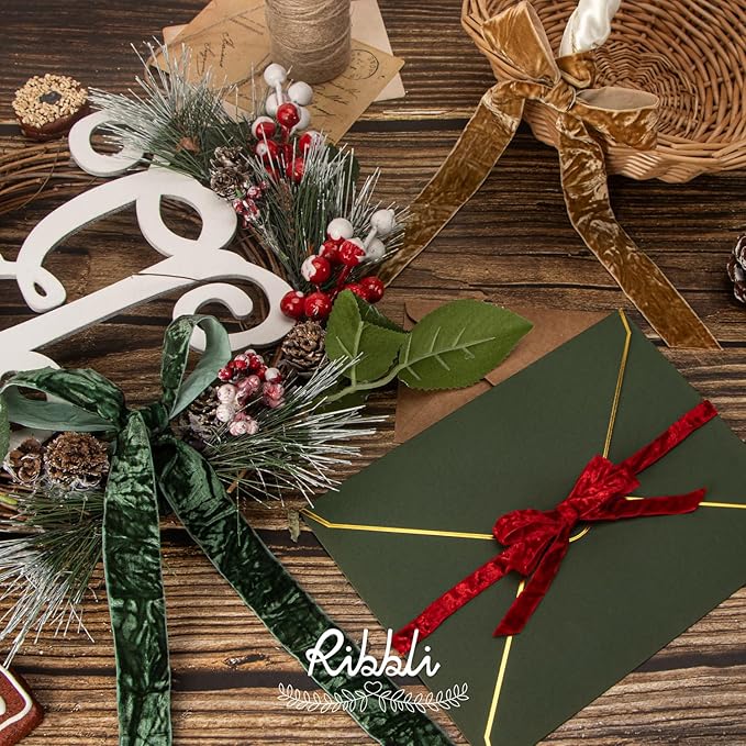 Ribbli Red Velvet Ribbon 3/8 Inches Luxury Crinkled Red Christmas Ribbon for Gift Wrapping Crafts Home Decor-Continuous 10 Yard