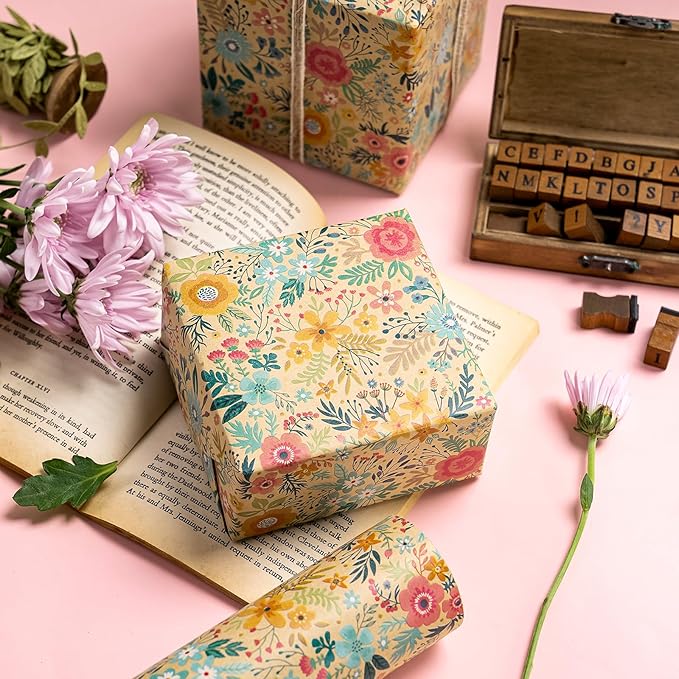 WRAPAHOLIC Kraft Floral Wrapping Paper Roll - Mini Roll - 17 Inch x 33 Feet - Spring Summer Garden Flower Design Perfect for Wedding, Bridal Shower, Birthday