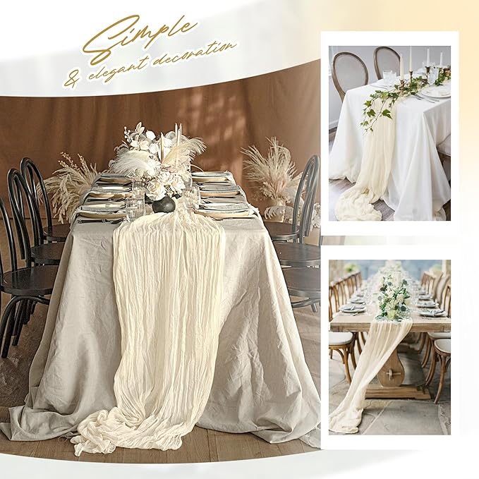 Aktor 4 Pack Ivory Table Runner Boho Cheesecloth Table Runner Semi Sheer Gauze Fabric Runners for Wedding Birthday Baby Shower Party Boho Table Decoration(Ivory)