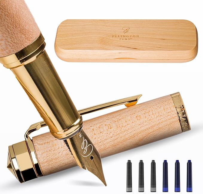 Ellington Pens Elegant Wood Fountain Pen Set ā Includes Wooden Pen Box, Ink Converter, 6 Ink Cartridges, and Gift Box ā Writing, Calligraphy