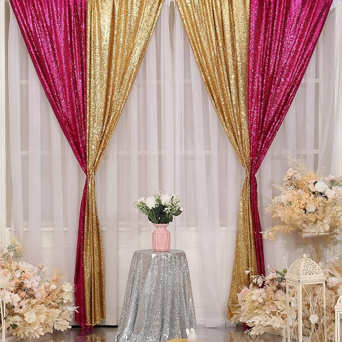 SquarePie Sequin Curtain 2 Panels 2FT x 8FT Gold Backdrop for Wedding Party Christmas