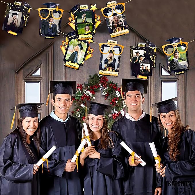 pinkblume Graduation Party Decorations Black and Gold Grad Photo Banner Congrats Grad Photograph Bunting Garland for 2025 Graduation Celebration Party Decorations Supplies