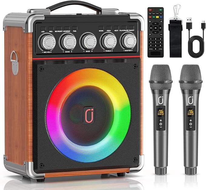 Karaoke Machine for Adults Kids, Bluetooth Speaker with 2 Karaoke Microphones, Bass/Treble Adjustment, Portable PA System with Remote Control/LED Lights for Home Party, Support USB/AUX/REC/TWS