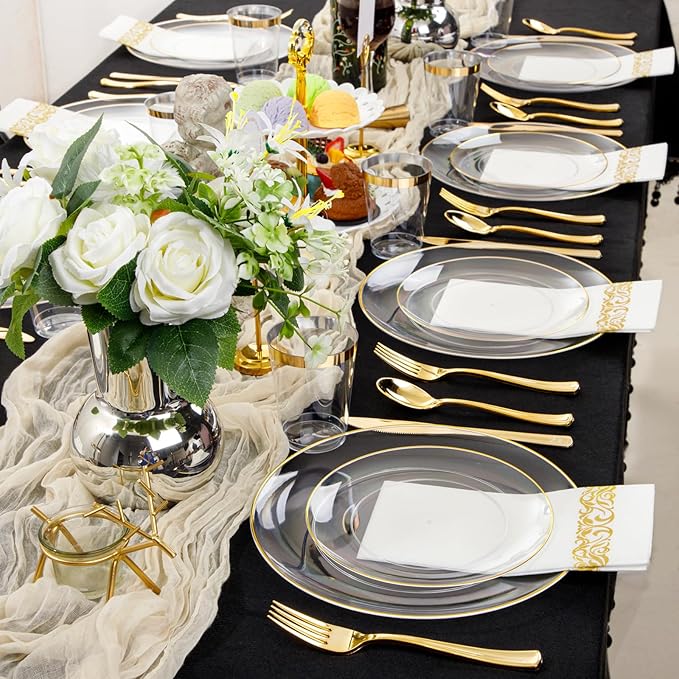 Supernal 350PCS Clear and Gold Plastic Dinnerware Set Include Clear Disposable Plates, Gold Plastic Silverware Heavy Duty, Cups and Napkins for Birthday, Weddings, Parties