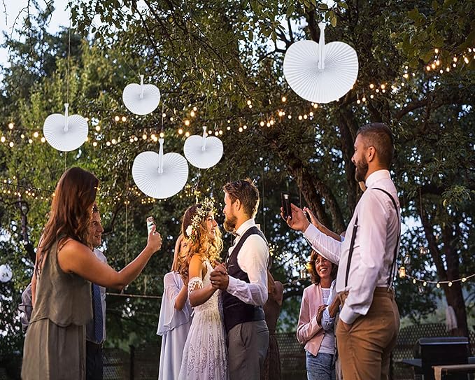 ZWIN 60PCS White Wedding Fans Round Folding Paper Fans Plastic Handle Pocket Fans for Wedding Celebration Birthday Party Favor