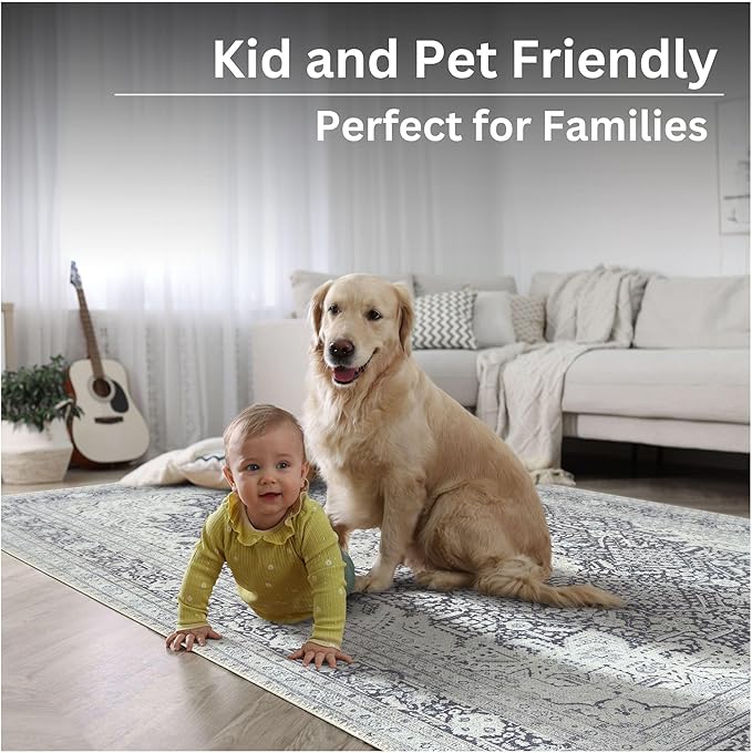 Bloom Rugs Washable Non-Slip 7 ft Runner - Charcoal Blue Traditional Medallion Runner for Entryway, Hallway, Bathroom, and Kitchen - Exact Size: 2.5' x 7'
