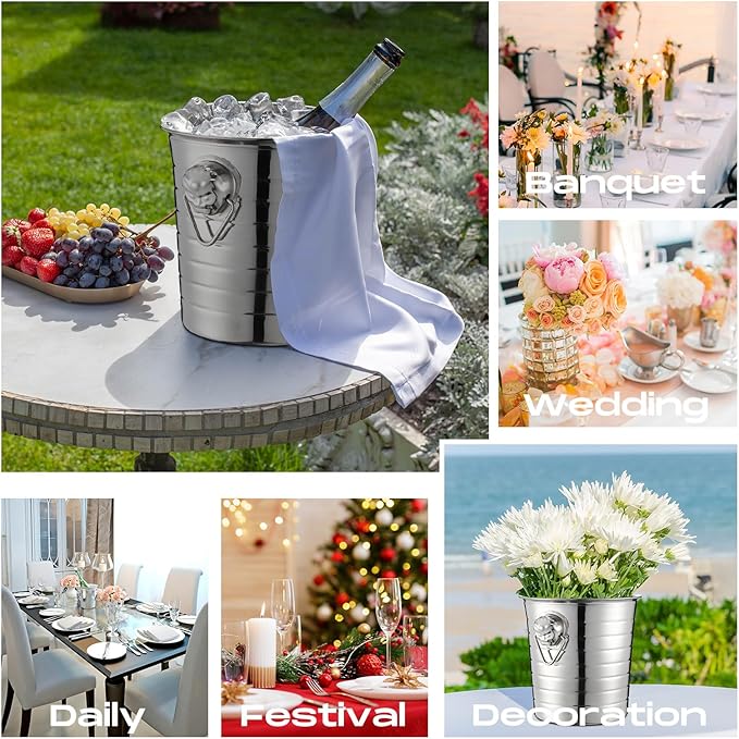 Pinkunn 6 Pack Stainless Steel Champagne Bucket 3 Qt Metal Ice Bucket Double Wall Wine Bucket with Handles Party Beverage Chiller for Champagne Beer Cocktail Wine Drinks Home Bar Accessories (Silver)