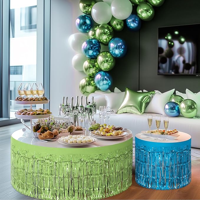 4 Pack Blue Lime Green Purple Series Table Skirts, 29x108" Metallic Foil Tinsel Fringe Table Skirt for Rectangle Tables Streamer Curtains Backdrop, Party Decorations for Birthdays, Weddings, Holidays