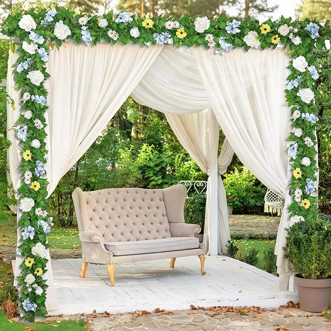 Dremisland 2PCS Artificial Rose Vine Fake Flower Garland 6FT Faux Silk Rose Hanging Vine Floral Garland Daisies Hydrangeas Ivy Vines for Wedding Party Wall Arch Garden Background Decor