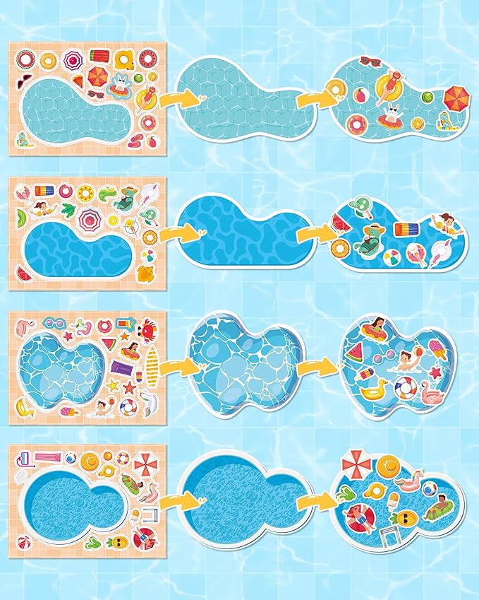 Aowplc 32 Sheets Make‑a‑Pool Stickers for Kids – Mix & Match Craft Kit – Summer Party Favors & Activities