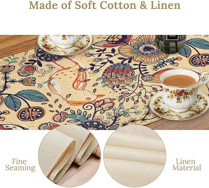 Vintage Paisley Table Runner, Boho Beige Paisley Flower Leaves Print Table Runner for Home Party Patio Indoor Outdoor, 13x60inch