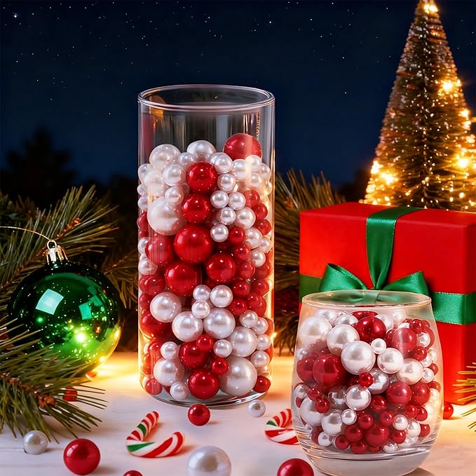 260Pcs Red&White Glossy Beads for Centerpiece Decor, Artifical Pearls Vase Filler, No Hole Round Pearl Beads for Wedding Birthday Christmas Party Home Decor(18mm 14mm 6mm)