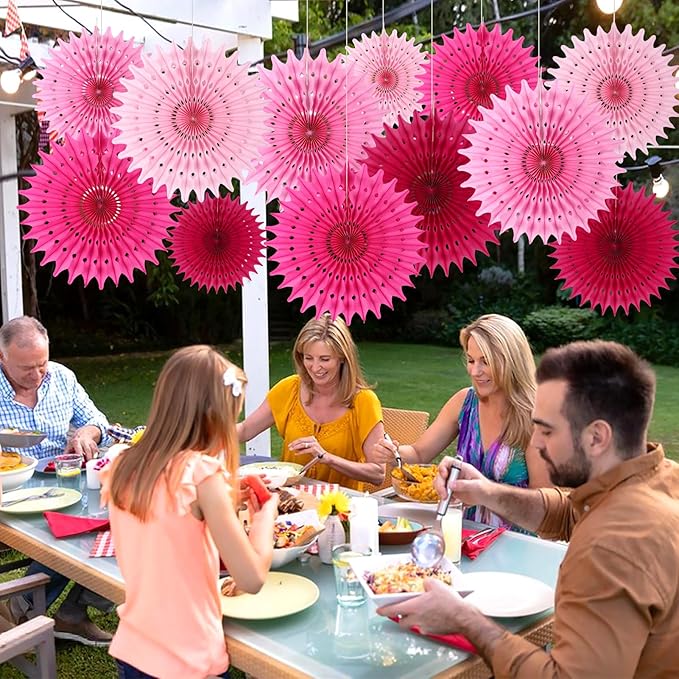 12PCS Paper Fans Hot Pink Party Decorations Tissue Paper Flowers Decorations for Girl Groovy Birthday Baby Shower Wedding Bachelorette Room Wall Hanging Décor