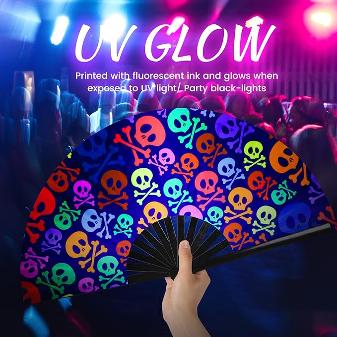 SYNTECSO Folding Hand Fan for Rave, UV Glow Fan, Large Bamboo Fan for Drag Queen, Women and Men Gift,Chinese Japanese Clack Fan for Parties, Music Festivals, EDM and Decoration