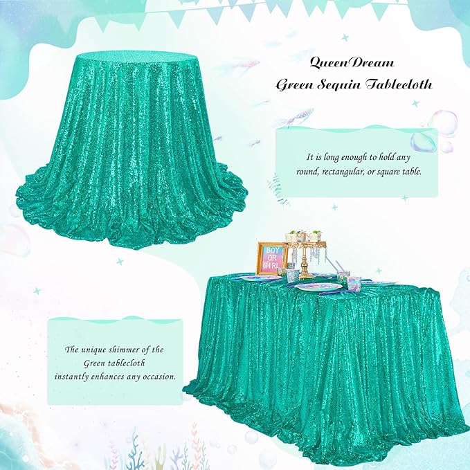 QueenDream Lake Green Tablecloth Sequin Fabric Table Cloths 90x156 Inch Mermaid Party Decorations Purple Overlay Drapes Birthday Party Ocean Decorations