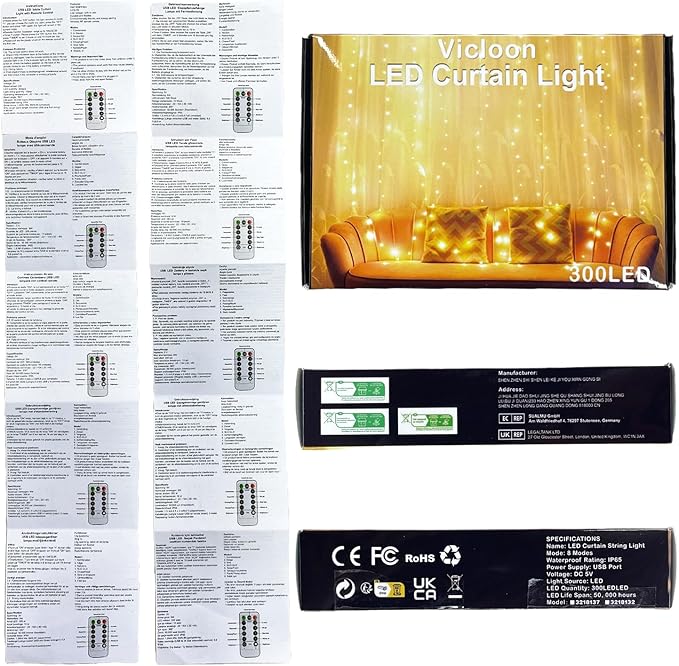 Vicloon Fairy Curtain Lights, Warm White LED 8 Mode 9.8x9.8Ft Waterproof Curtain String Lights for Indoor/Outdoor, Powered by USB with Remote Control