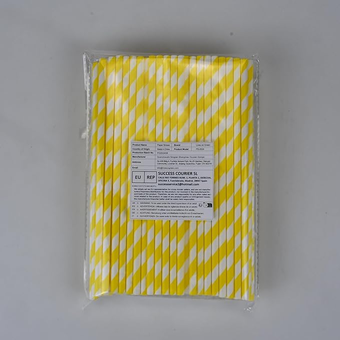 Eco-friendly Yellow White Striped Disposable Paper Drinking Straws 7.75'' x 0.24'' 100 Counts - for Cocktail, Party, Juice, Water, Milk